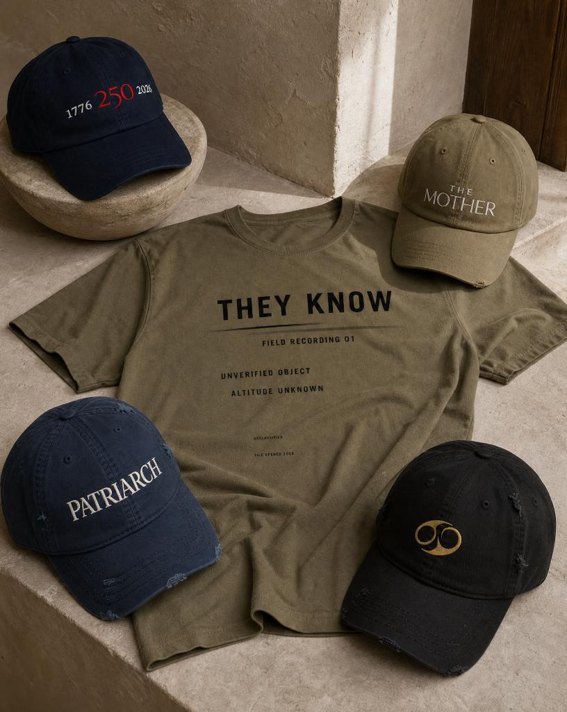 Assortment of Atlas Stitch graphic tees and embroidered hats from multiple capsules.
