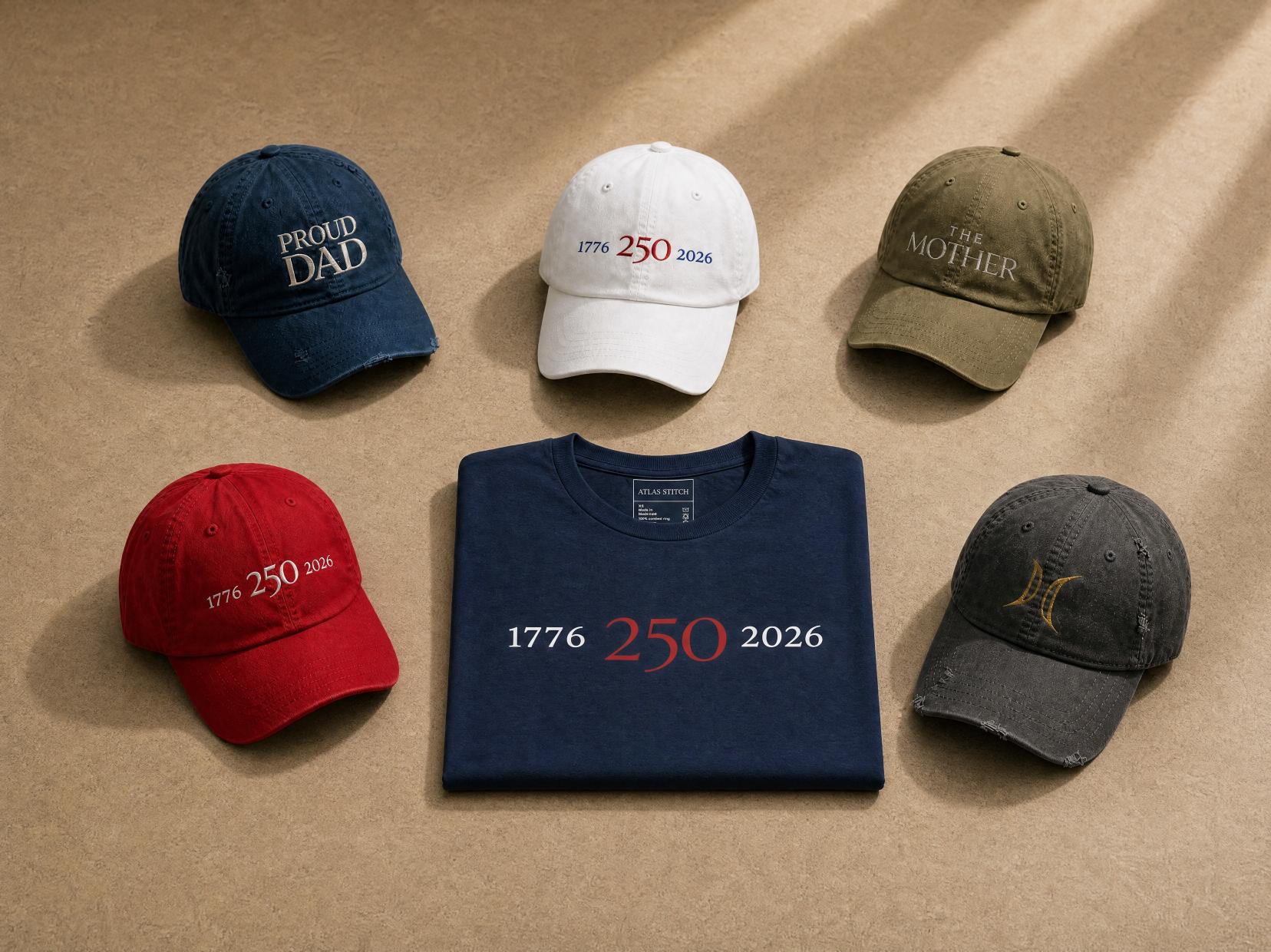Assortment of Atlas Stitch graphic tees and embroidered hats.