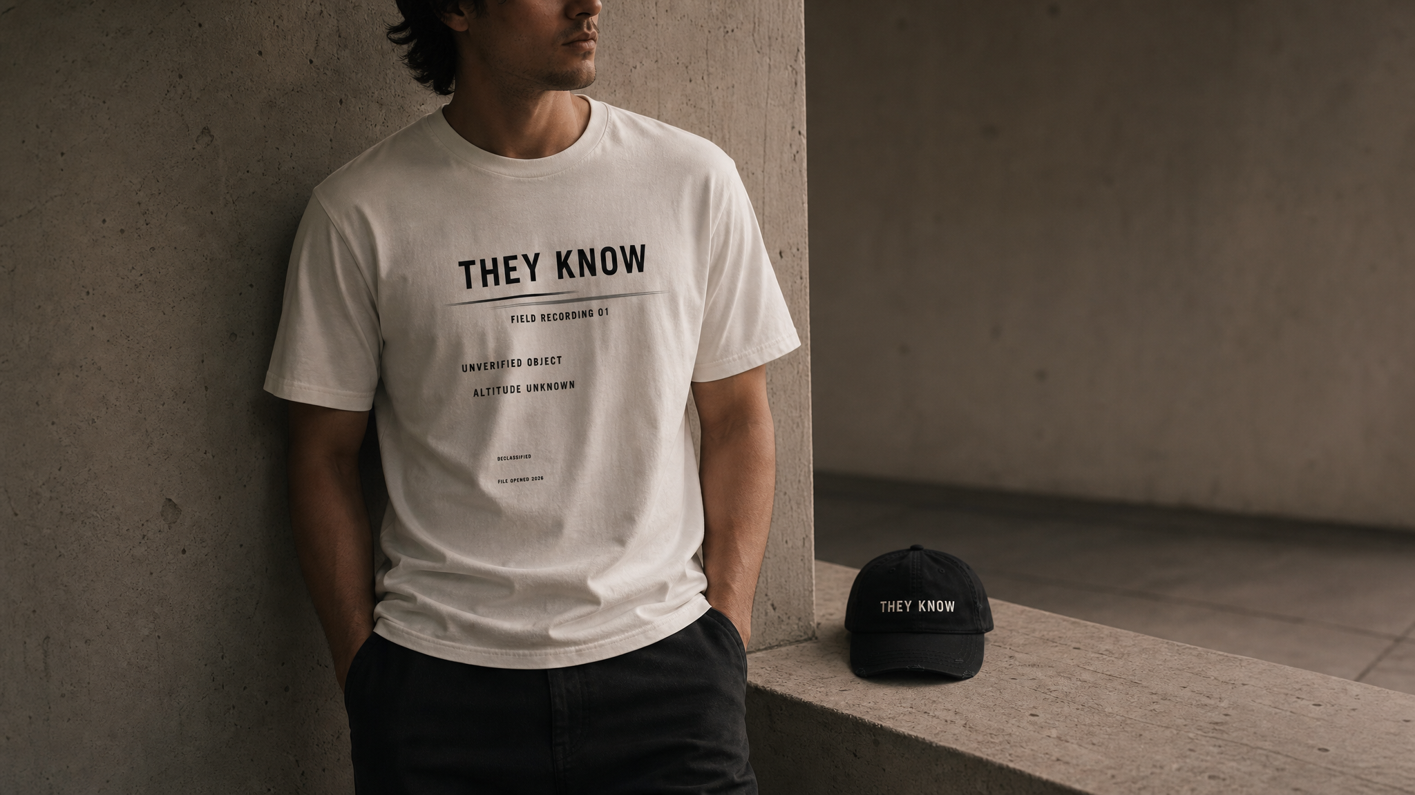 Model wearing white They Know graphic tee beside black THEY KNOW embroidered hat from the Atlas Stitch They Know Capsule.