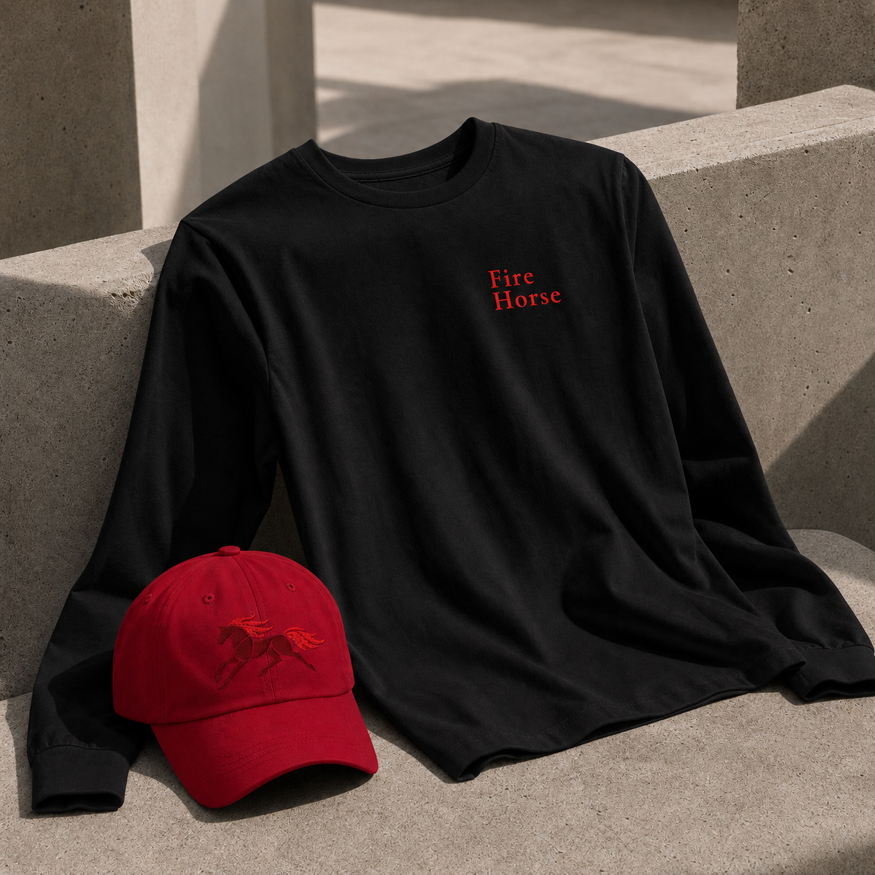 Close-up of DTG-printed Fire Horse artwork on long sleeve tee
