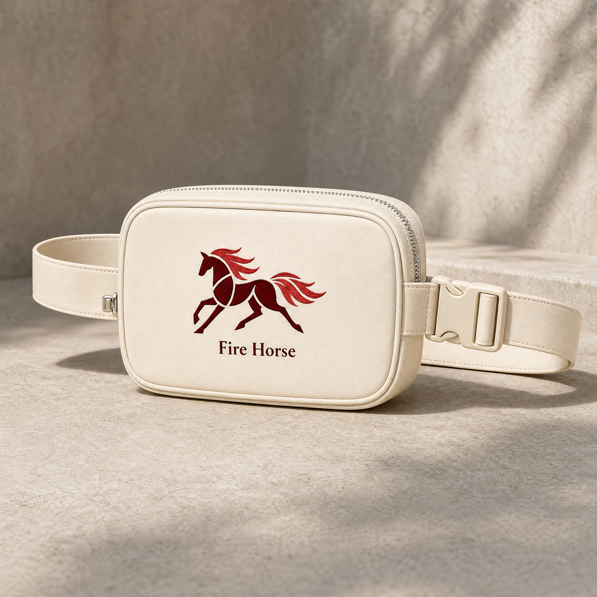 Ivory Fire Horse embroidered crossbody bag front view with horse emblem and wordmark
