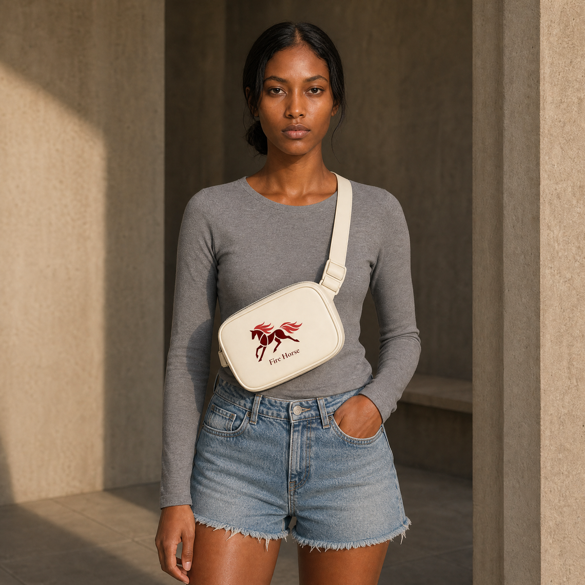Woman wear Ivory Fire Horse embroidered crossbody bag