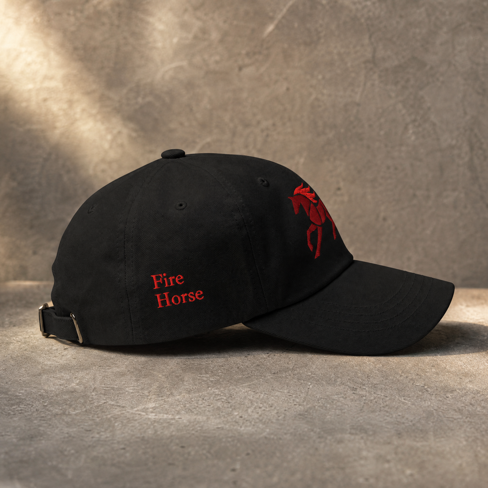 Black Fire Horse embroidered dad hat side view with side wordmark 