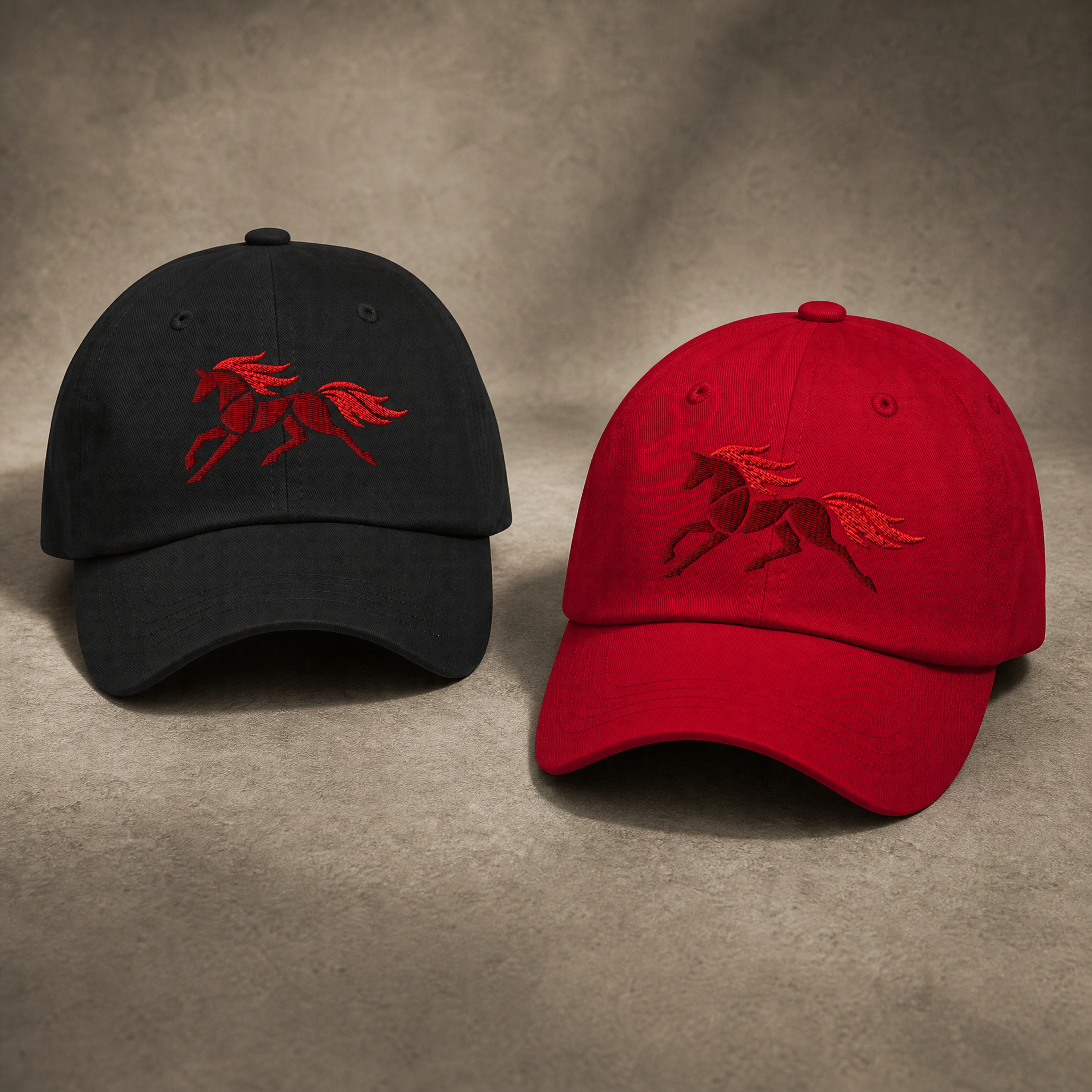 Fire Horse embroidered dad hats in black and red