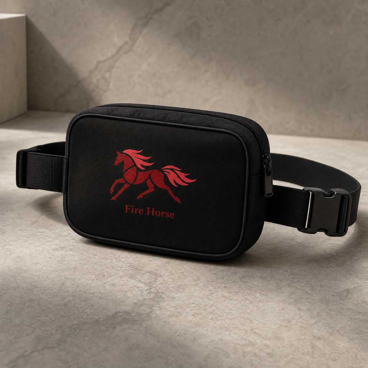 Black Fire Horse embroidered crossbody bag front view with horse emblem and wordmark