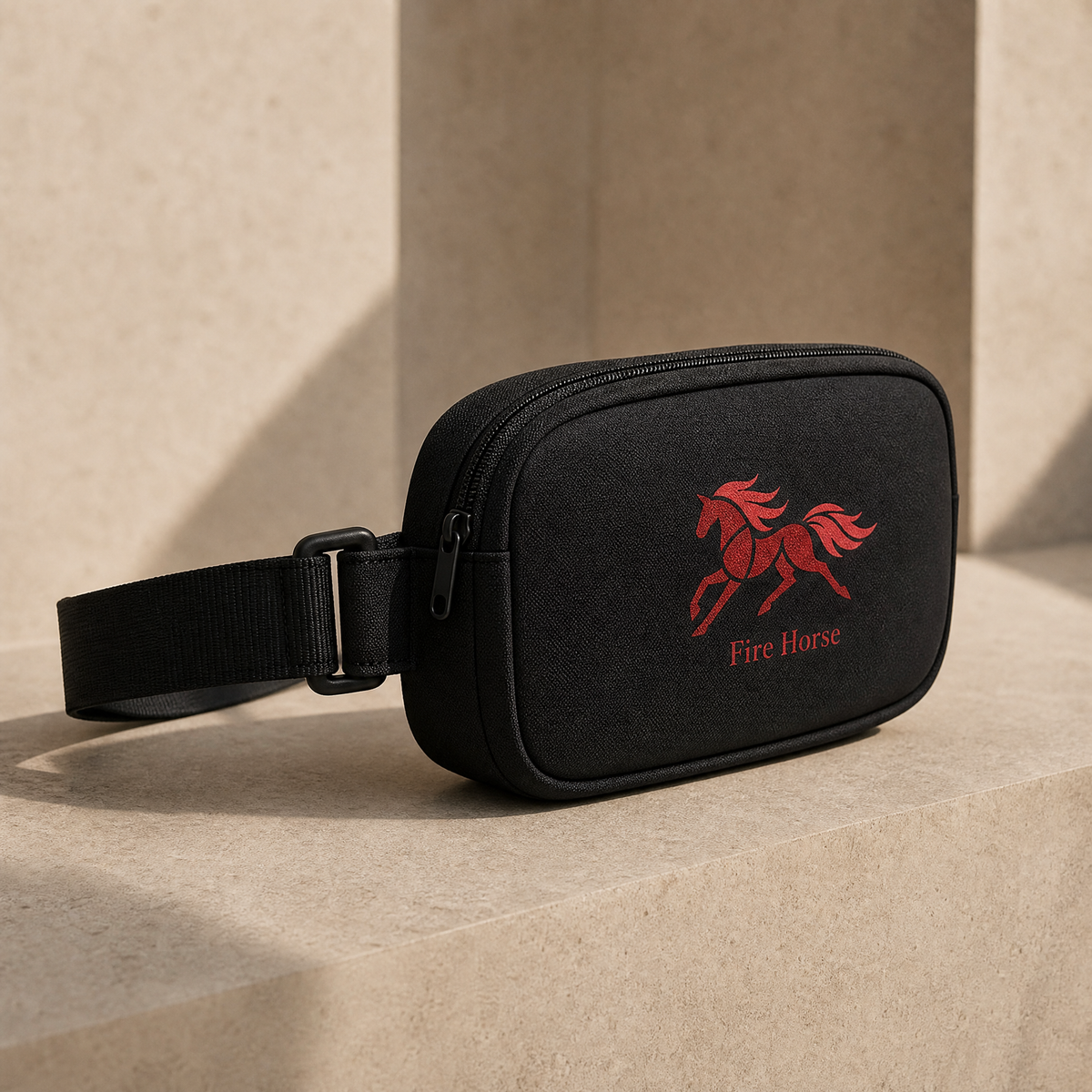 Close-up of Fire Horse embroidery on black crossbody bag
