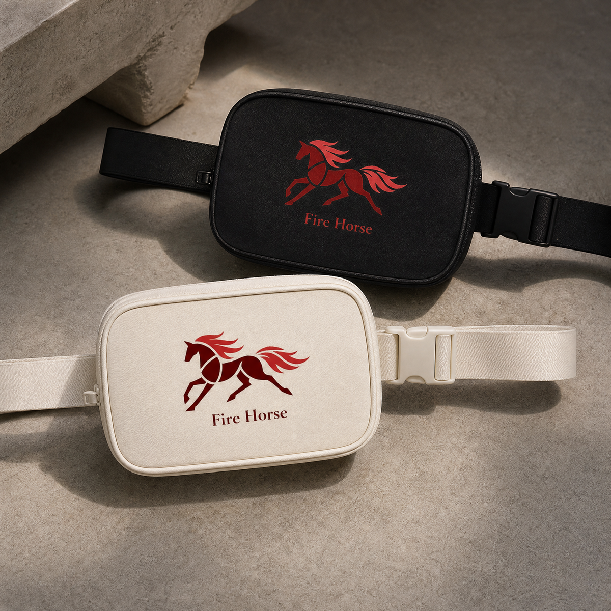 Fire Horse embroidered crossbody bags shown in black and ivory