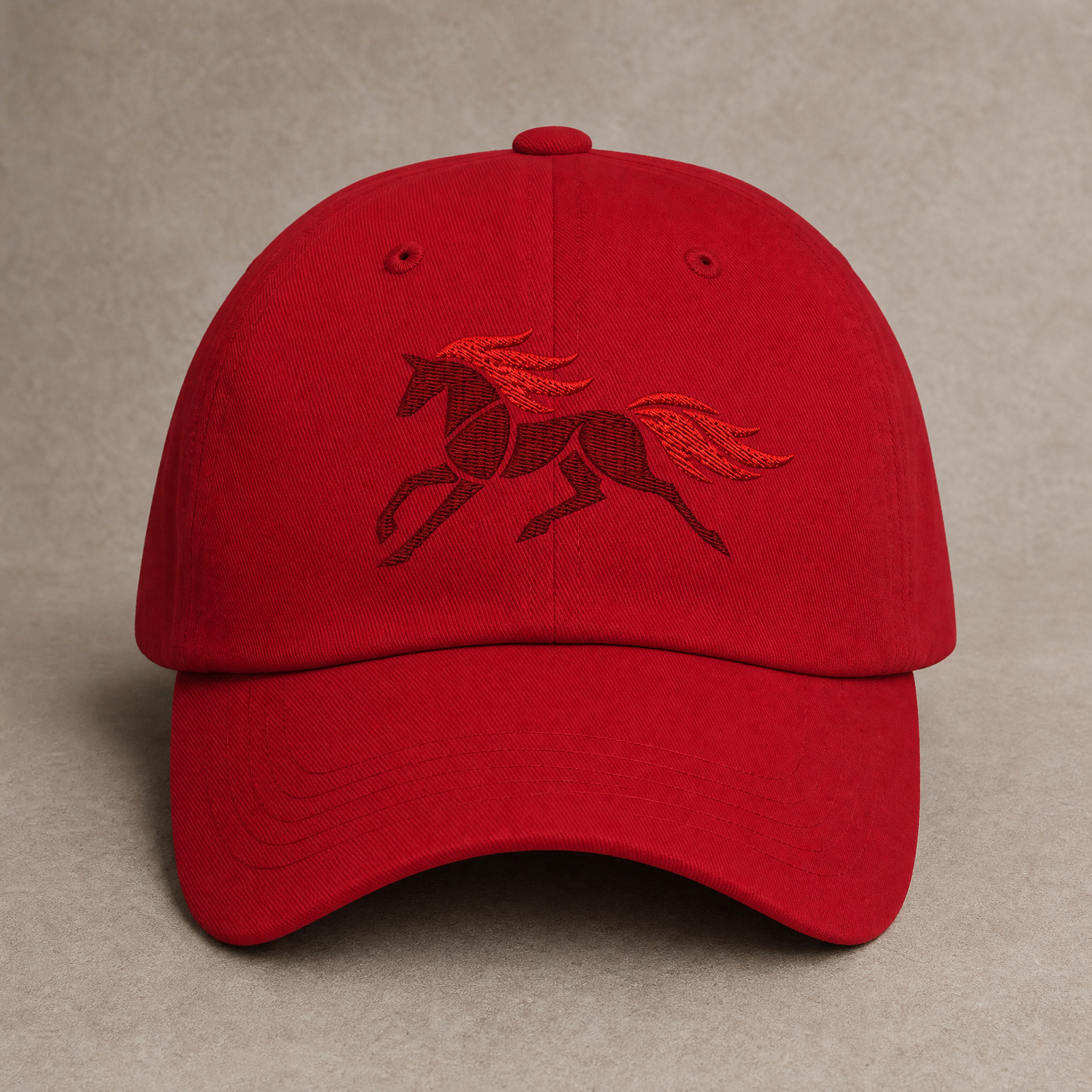 Red Fire Horse embroidered dad hat front view 