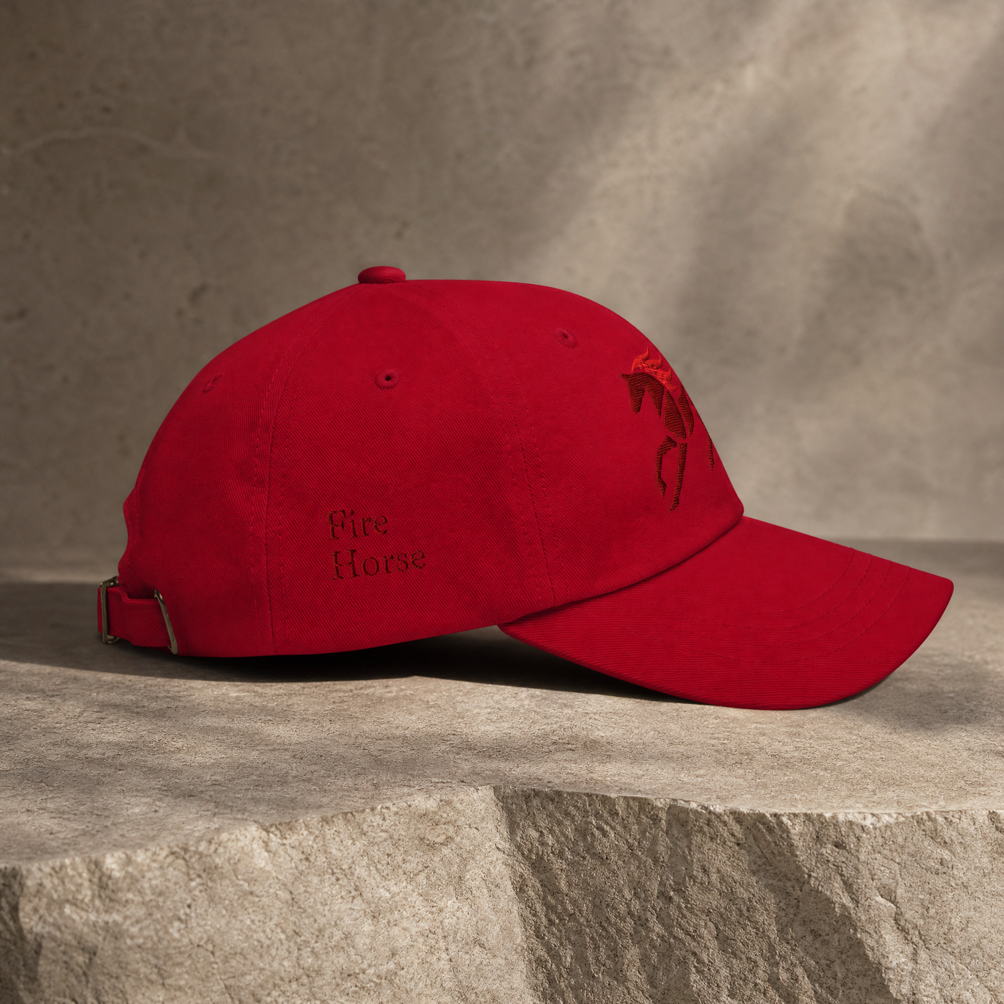Red Fire Horse embroidered dad hat side view 
