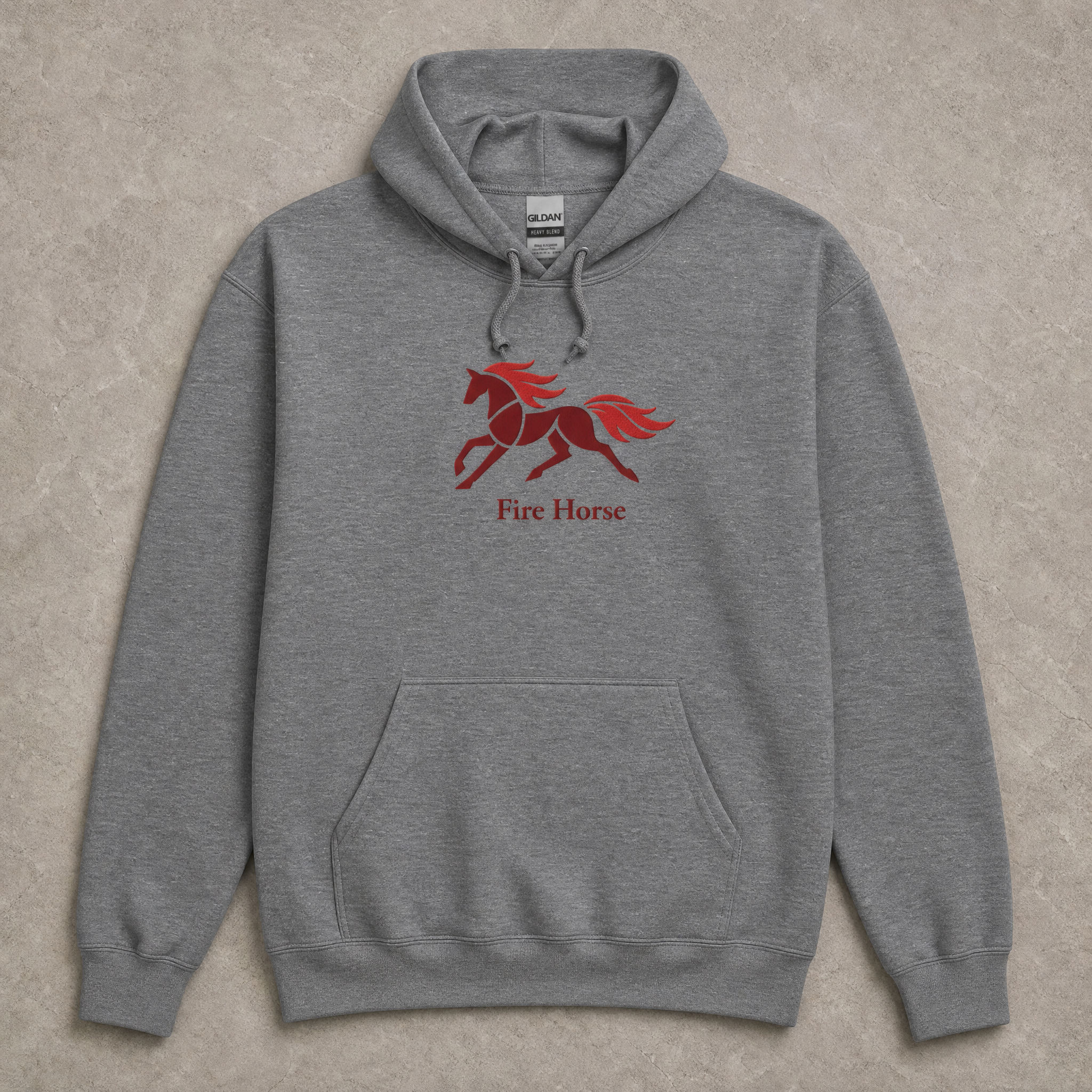 Grey Fire Horse embroidered hoodie front view with horse emblem and wordmark 
