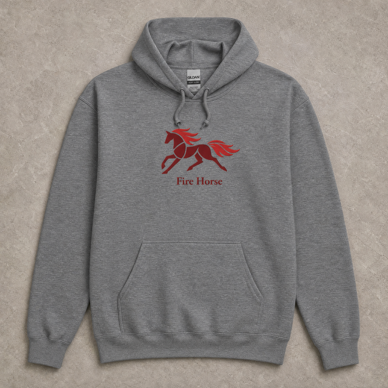 Grey Fire Horse embroidered hoodie front view with horse emblem and wordmark 
