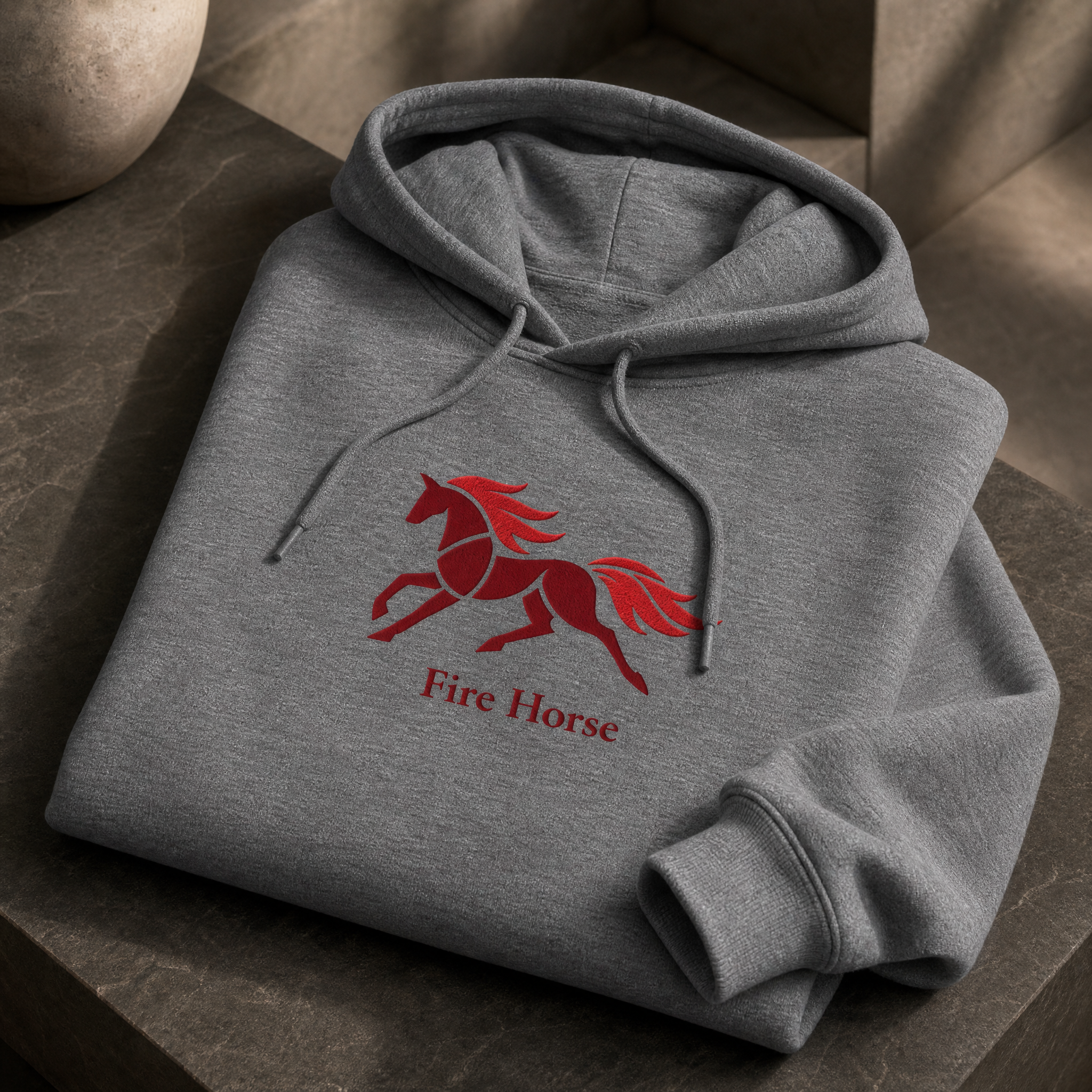 Close-up of Fire Horse embroidery on grey fleece hoodie 
