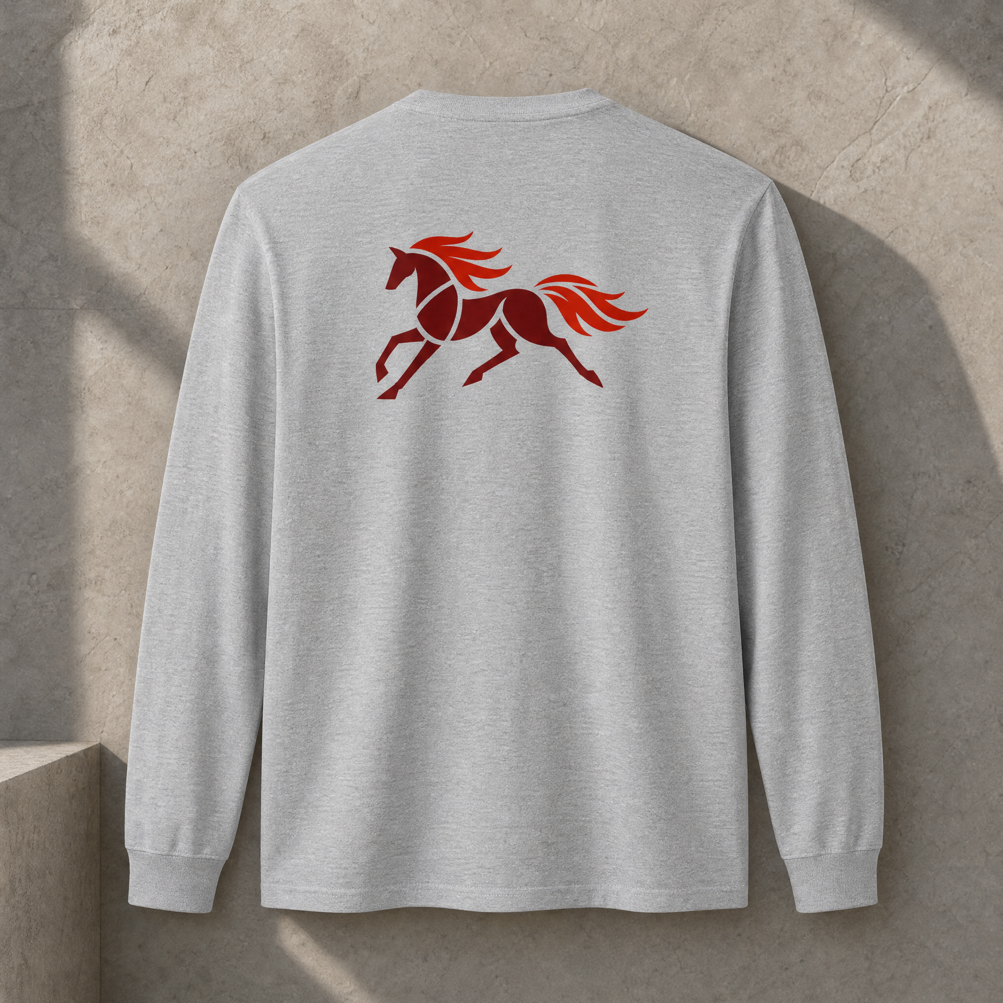 Grey Fire Horse long sleeve tee back view with DTG-printed horse symbol
