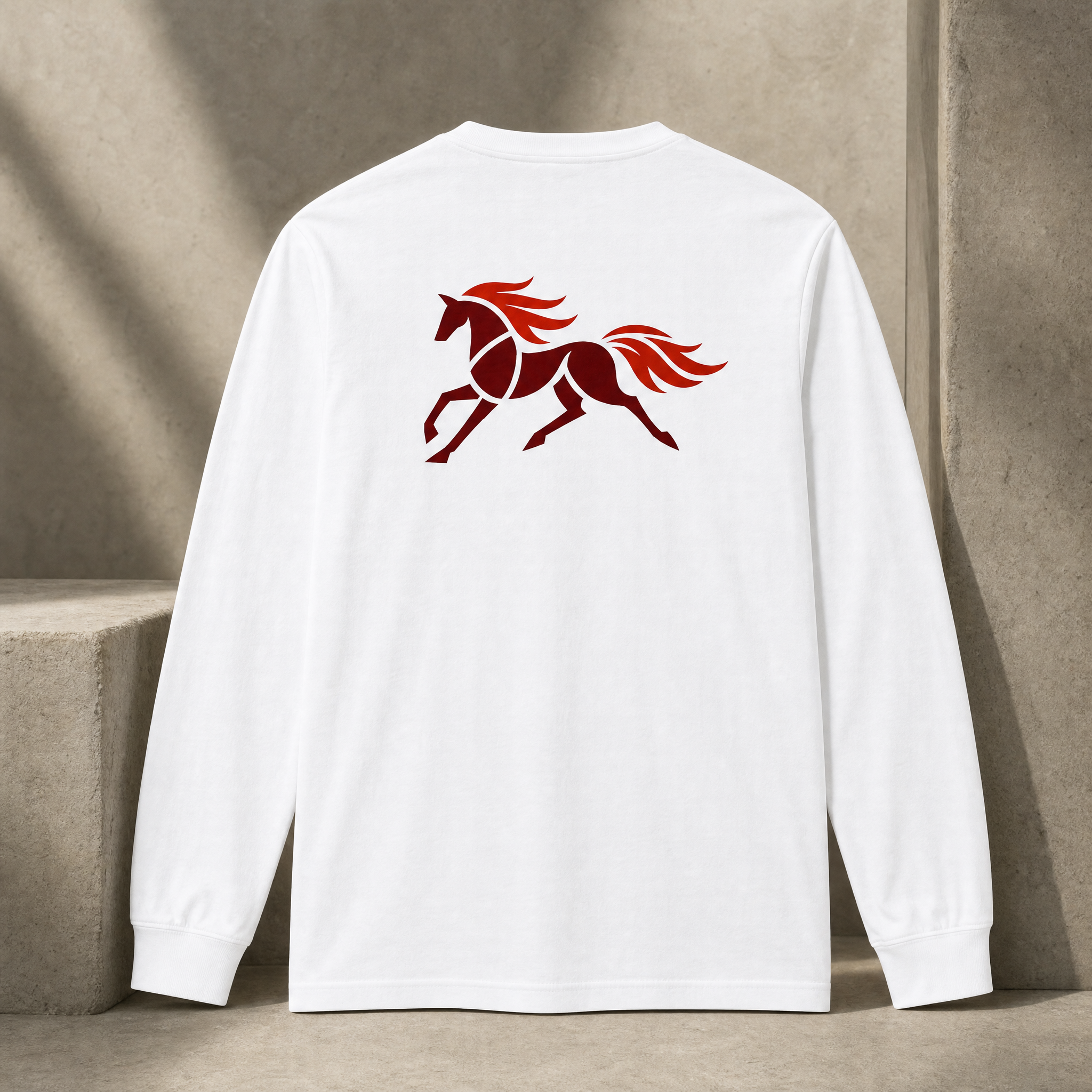 White Fire Horse long sleeve tee back view with DTG-printed horse symbol

