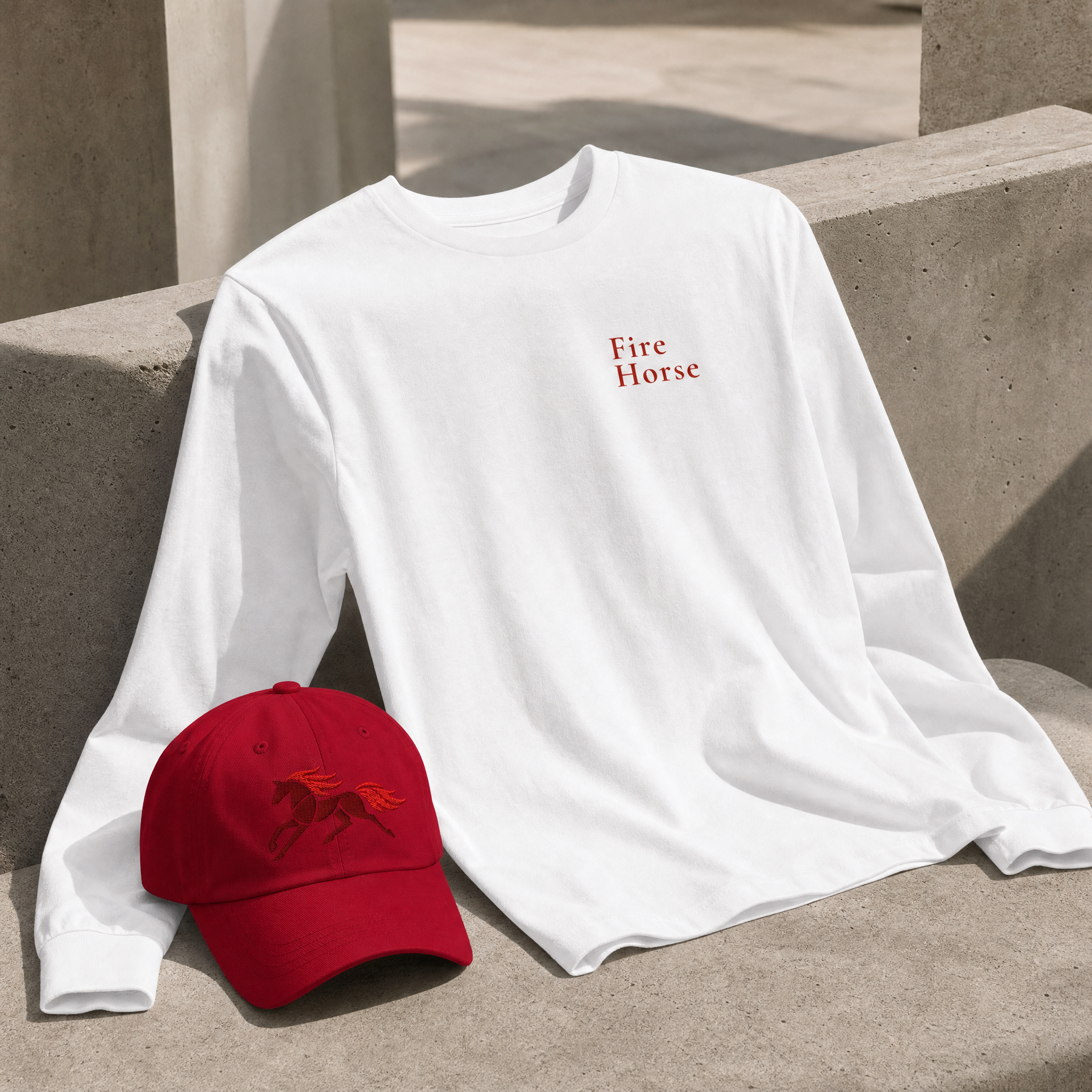 Close-up of DTG-printed Fire Horse artwork on long sleeve tee
