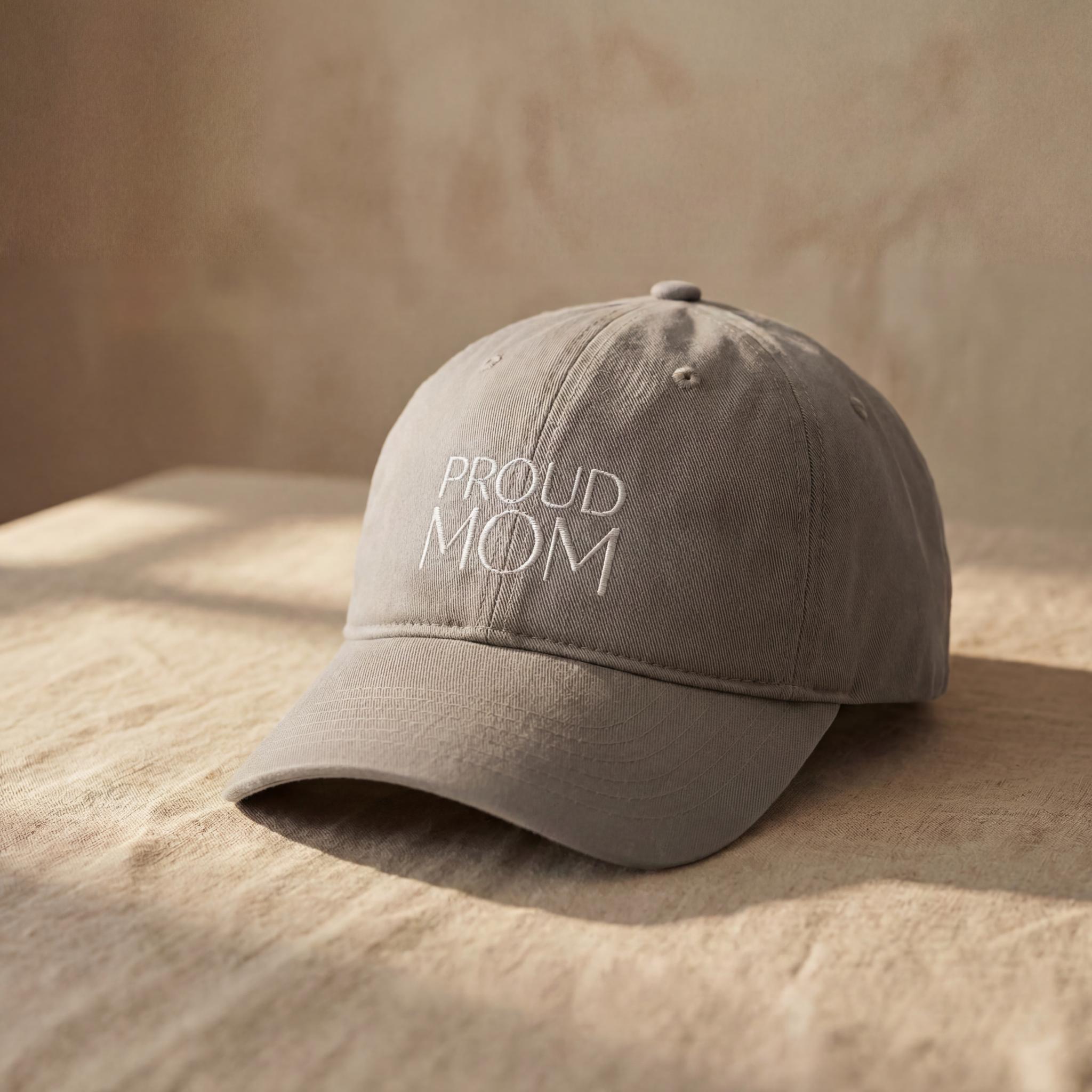 Stone PROUD MOM embroidered cap from the Atlas Stitch Mother Capsule.