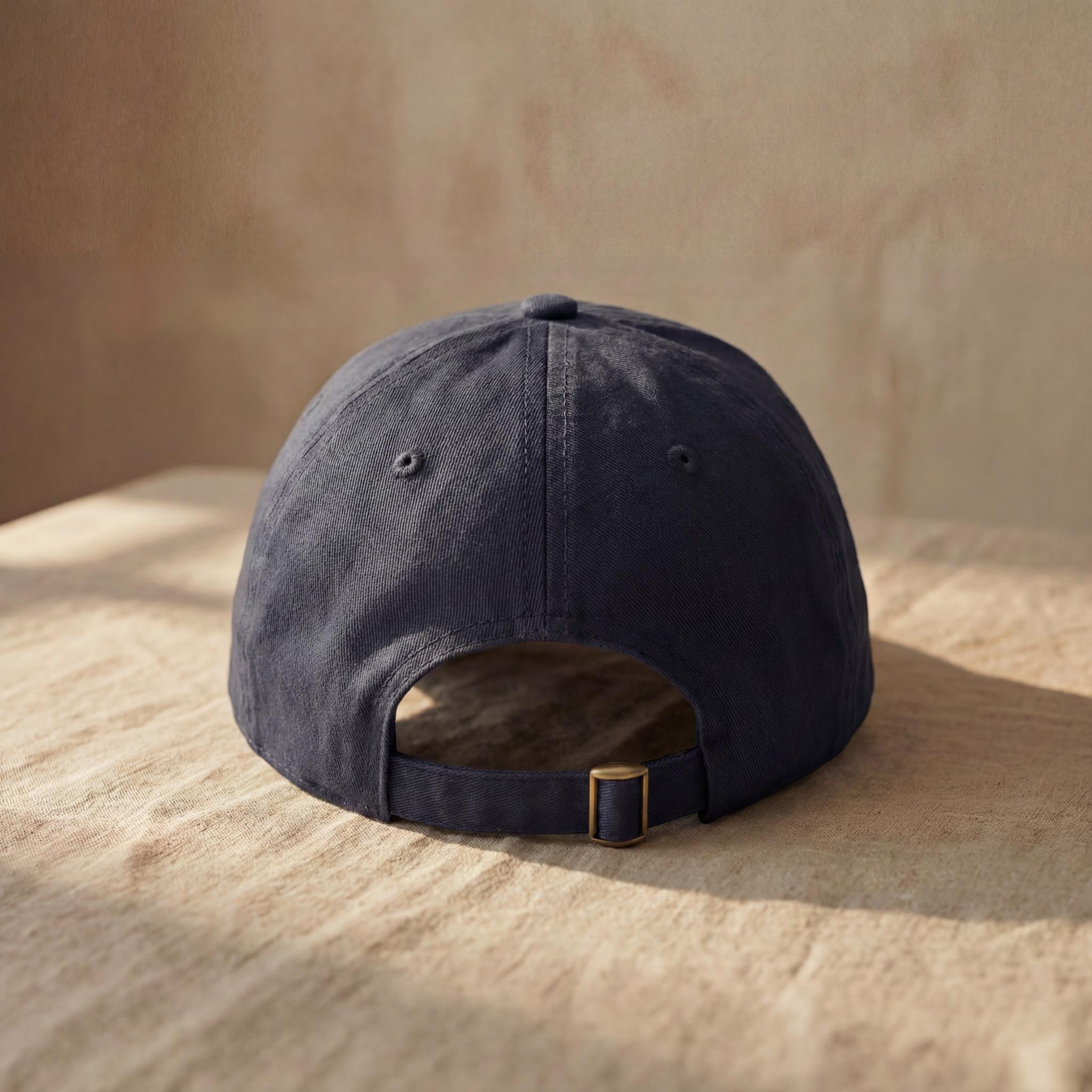 Navy PROUD MOM embroidered cap with adjustable back strap visible.