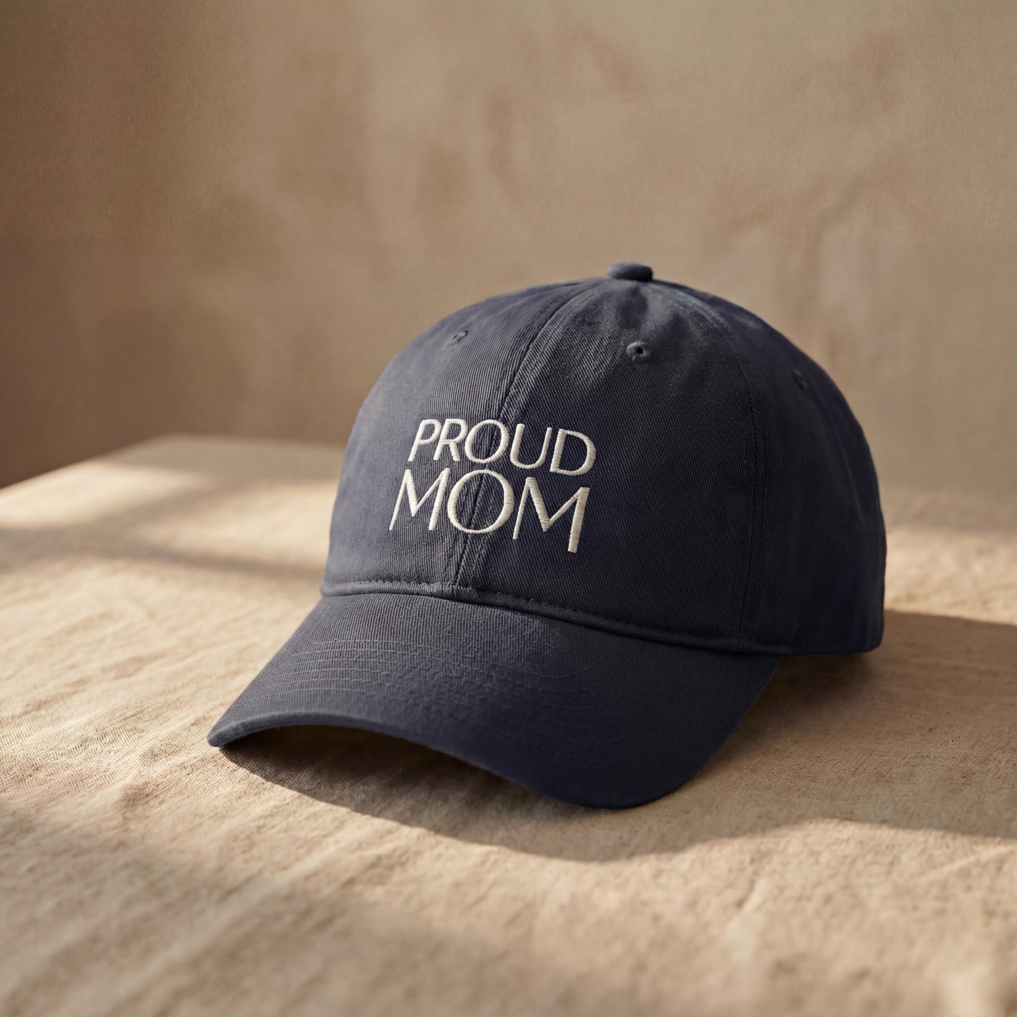 Navy PROUD MOM embroidered cap from the Atlas Stitch Mother Capsule.