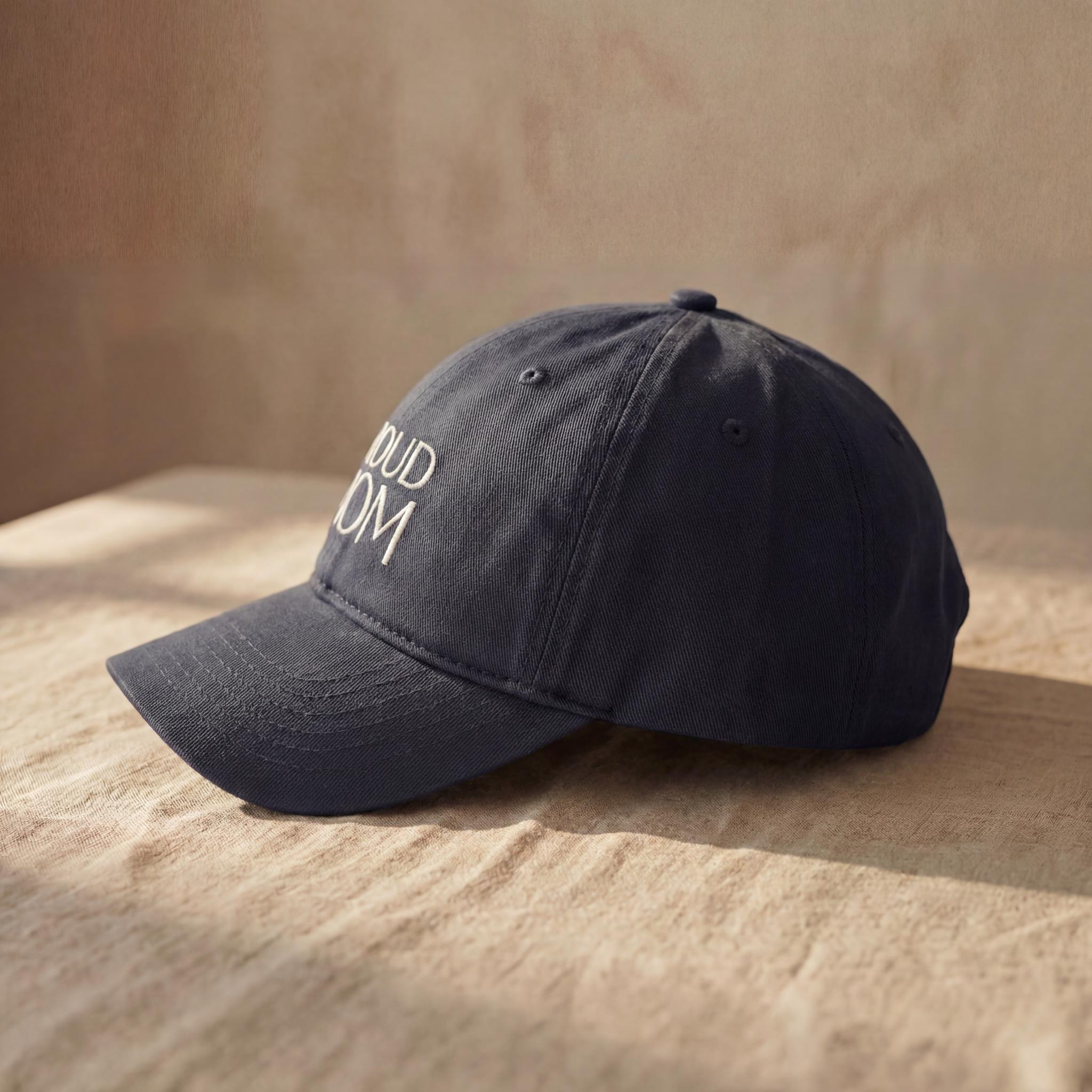 Navy PROUD MOM embroidered cap shown from a side angle.